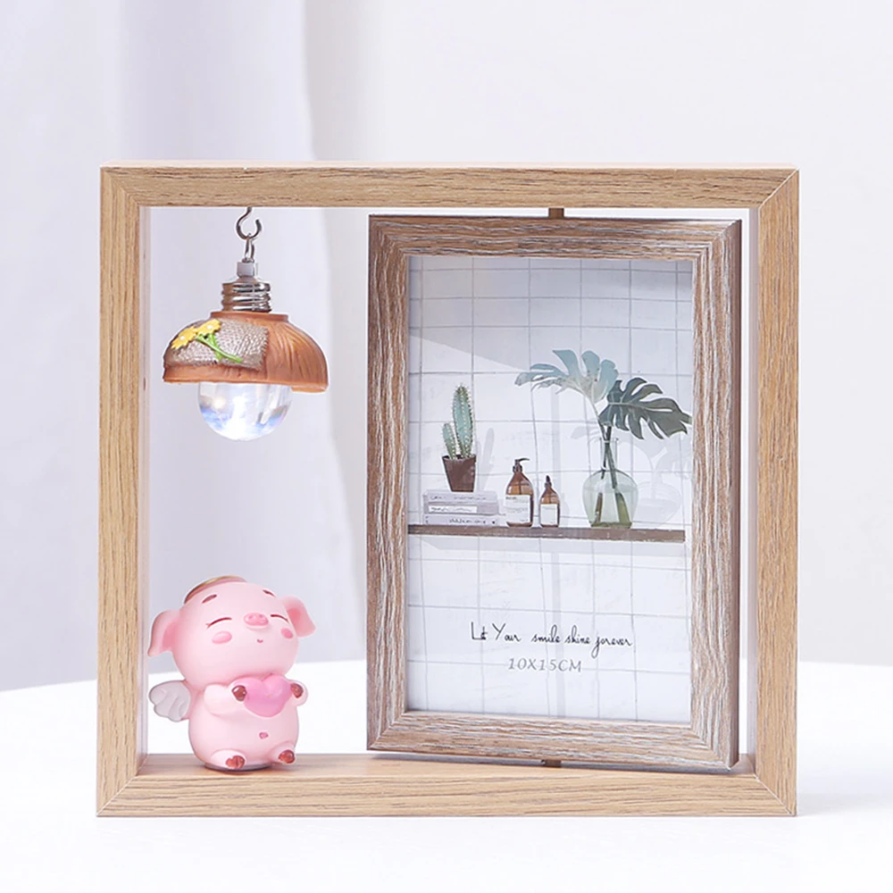 Photo frame creative Nordic photo frame set-up double-sided rotating wooden photo frame with light cartoon pig