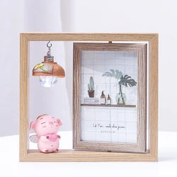 Photo frame creative Nordic photo frame set-up double-sided rotating wooden photo frame with light cartoon pig