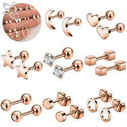 ZS 8-22pcs/lot Crystal Round Stud Earrings for Women Stainless Steel Ear Piercings Heart Moon Star Earring Tragus Helix Piercing