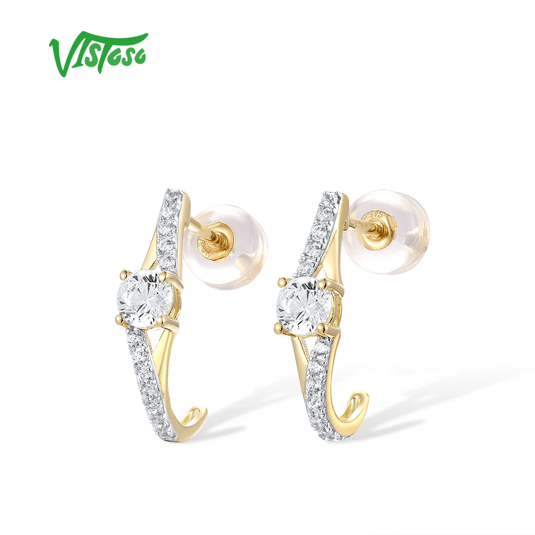 VISTOSO Gold Earrings For Women Genuine 9K 375 Yellow Gold Earrings Sparkling White CZ Charming Stud Earrings Party Fine Jewelry