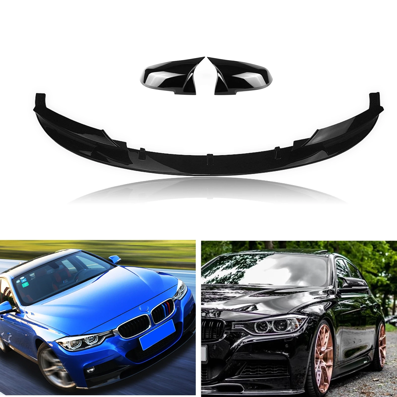 

For BMW F30 M Sport 2012-2018 Glossy Black Car Front Bumper Spoiler Splitter Lip+Rear View Mirror Cover Rearview Cap Replacement