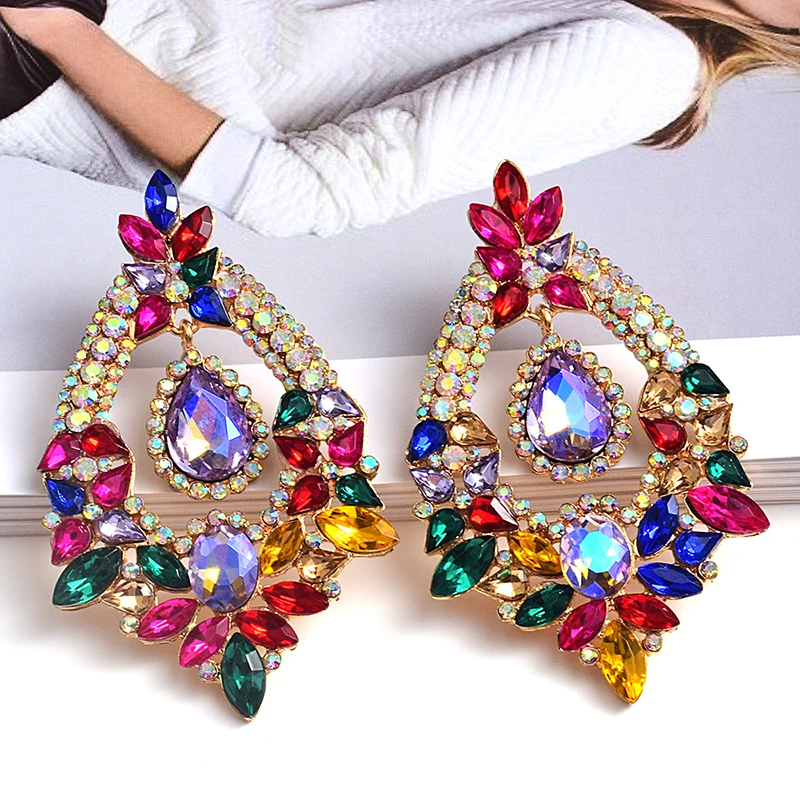 Crystal Big Earrings For Women Flower Pendant Blue Green Statement Earrings Large Rhinestone Earrings Party Jewelry