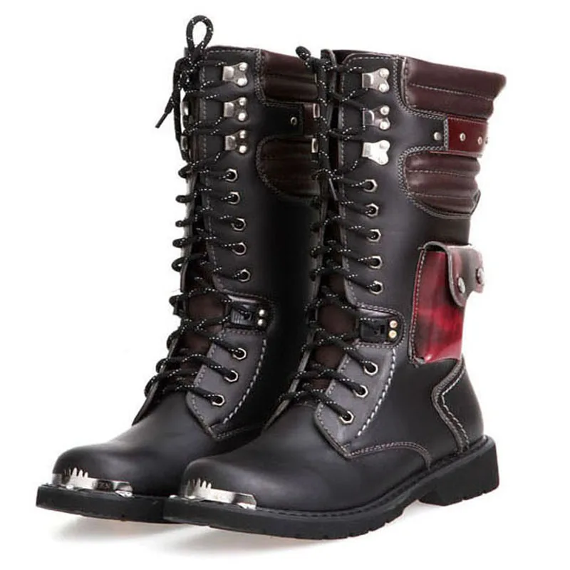 Men Army Boots High Tactical Combat Boots Metal Buckle Punk Mid-calf Motorcycle Boots Lace Up Men's Shoes Rock Tactical Boots