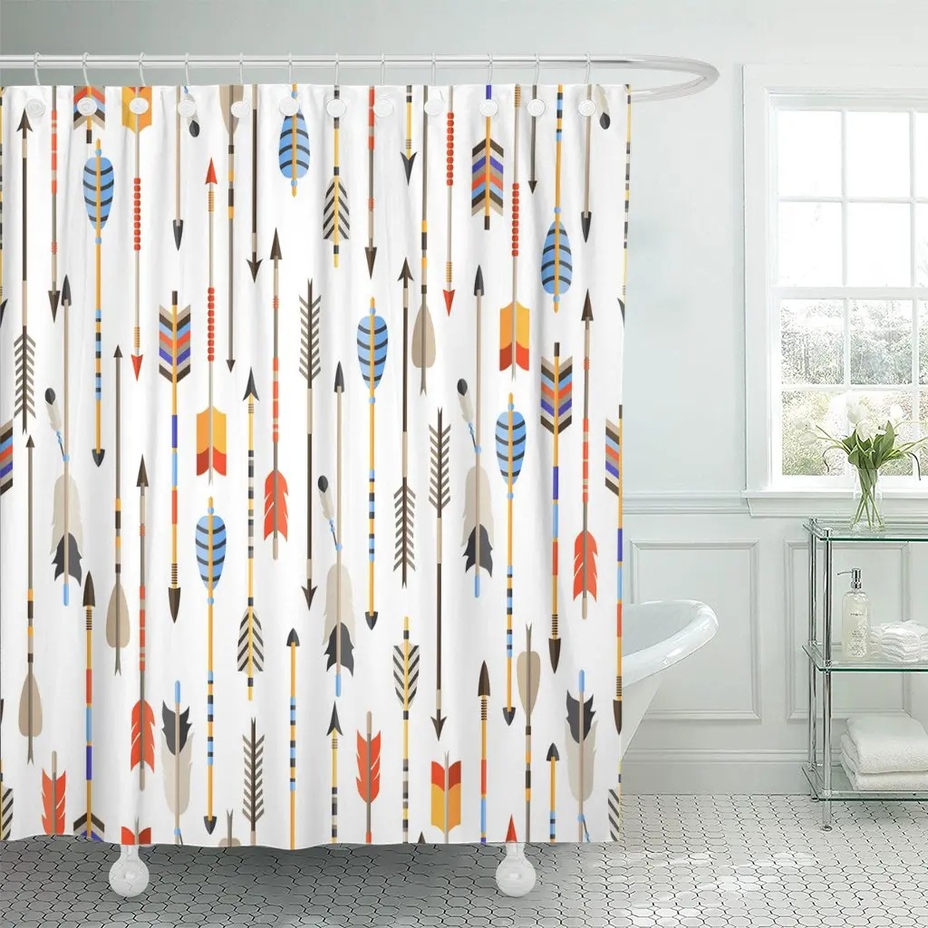 Pattern Ethnic Indian Arrows in Native Feather Navajo Border Shower Curtains Waterproof Polyester Fabric 72 x 78 inches with Hoo