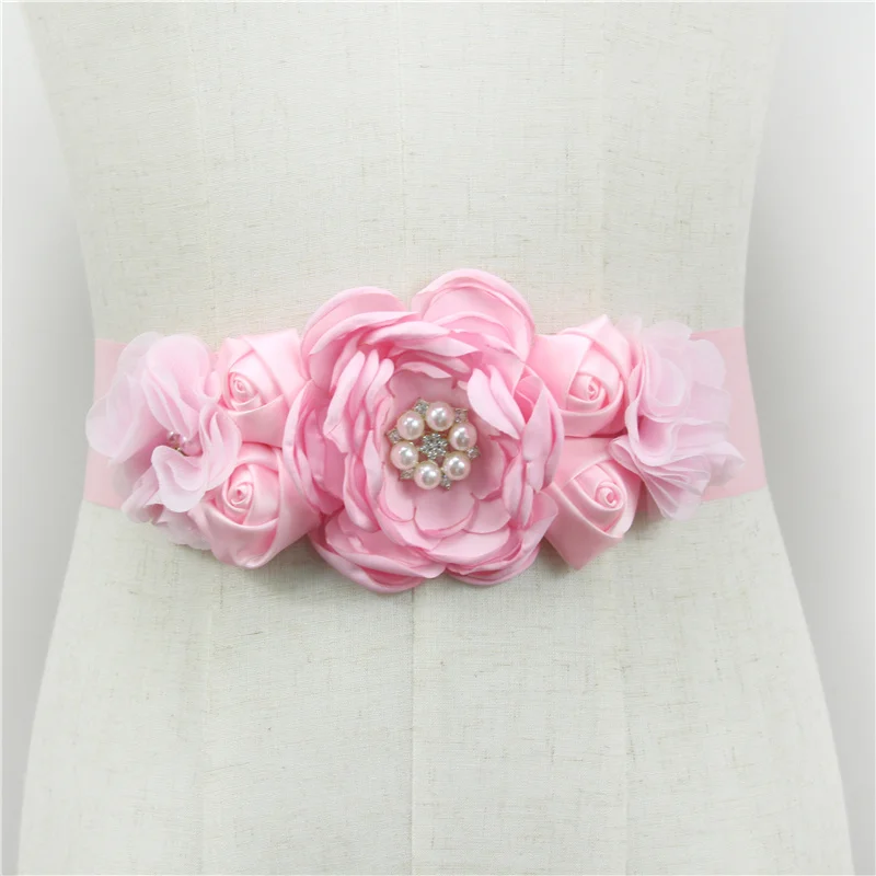 78.74in PInk Black White Pearl Flowers Wedding Belts Satin Rose Wedding Dress Belt Wedding Accessories Bridal Ribbon Sash Belt