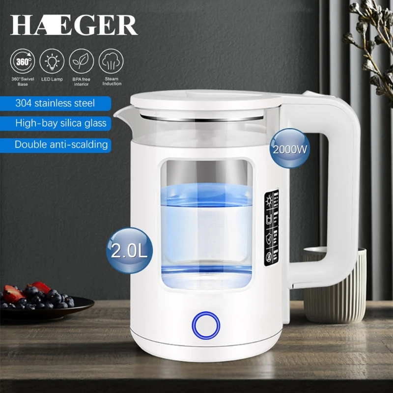 Hervidor de agua eléctrico de alta potencia, 2000W, 2 L, vidrio de borosilicato, doble Anti-escaldado, hervir agua rápidamente sin espera