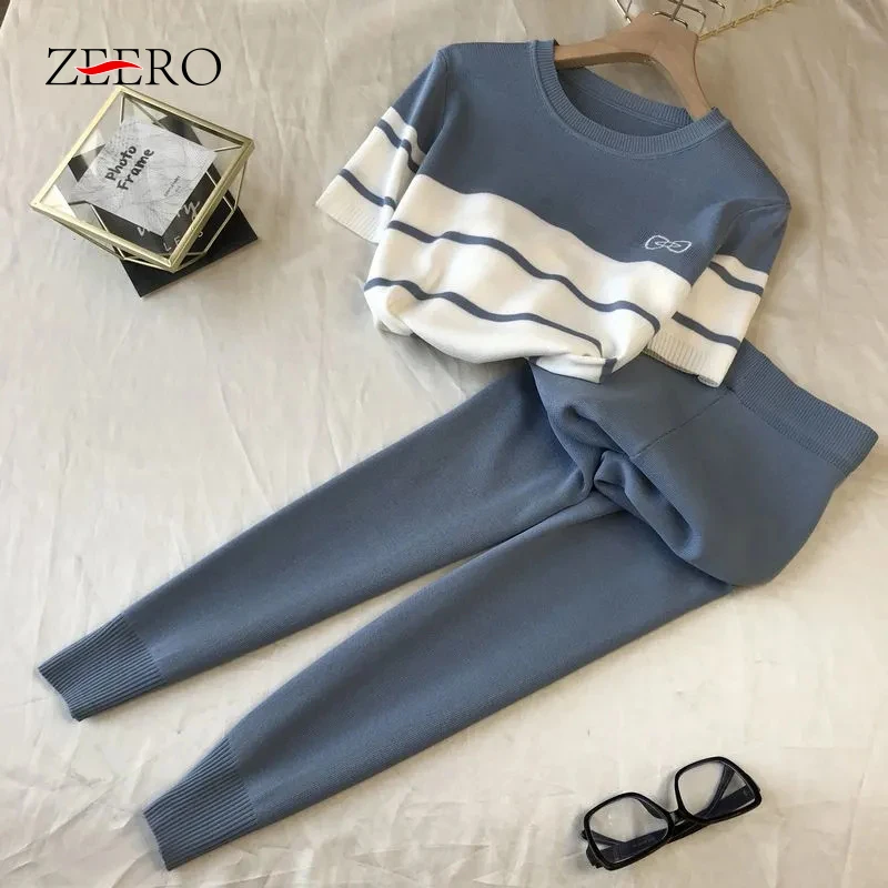 

Korean Summer Striped Contrast Knitted 2 Peice Set Women Short Sleeve Sweater Tops+pants Suit Pink Casual Tracksuit