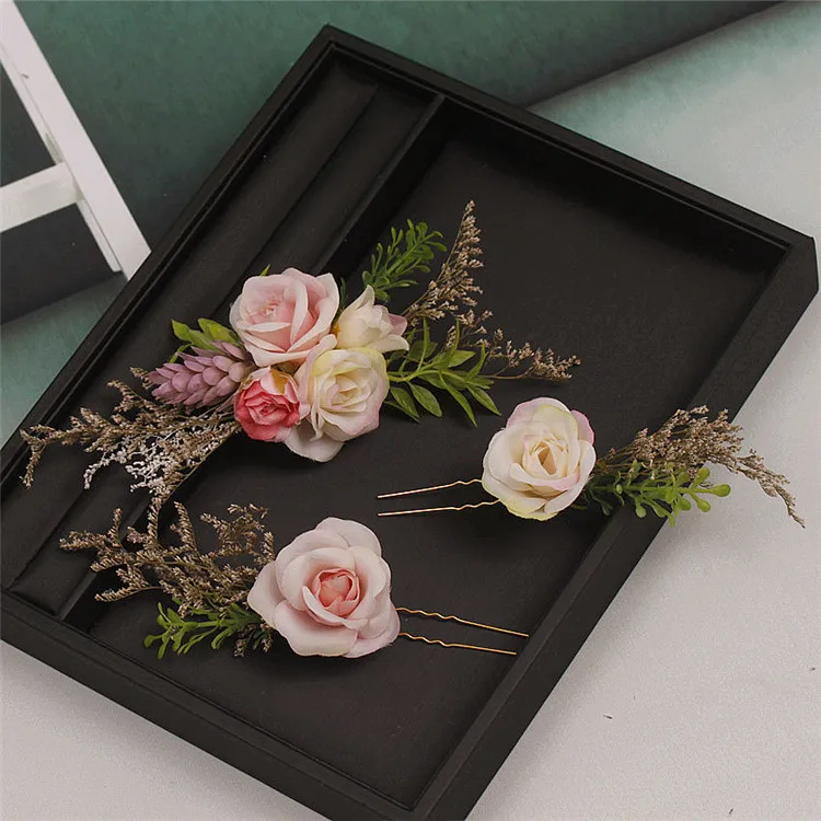 Bride Handmade Headdress Dried Flower Hairpin Simulation Rose Flower Wedding Hair Accessories Seaside Photography Head Flower