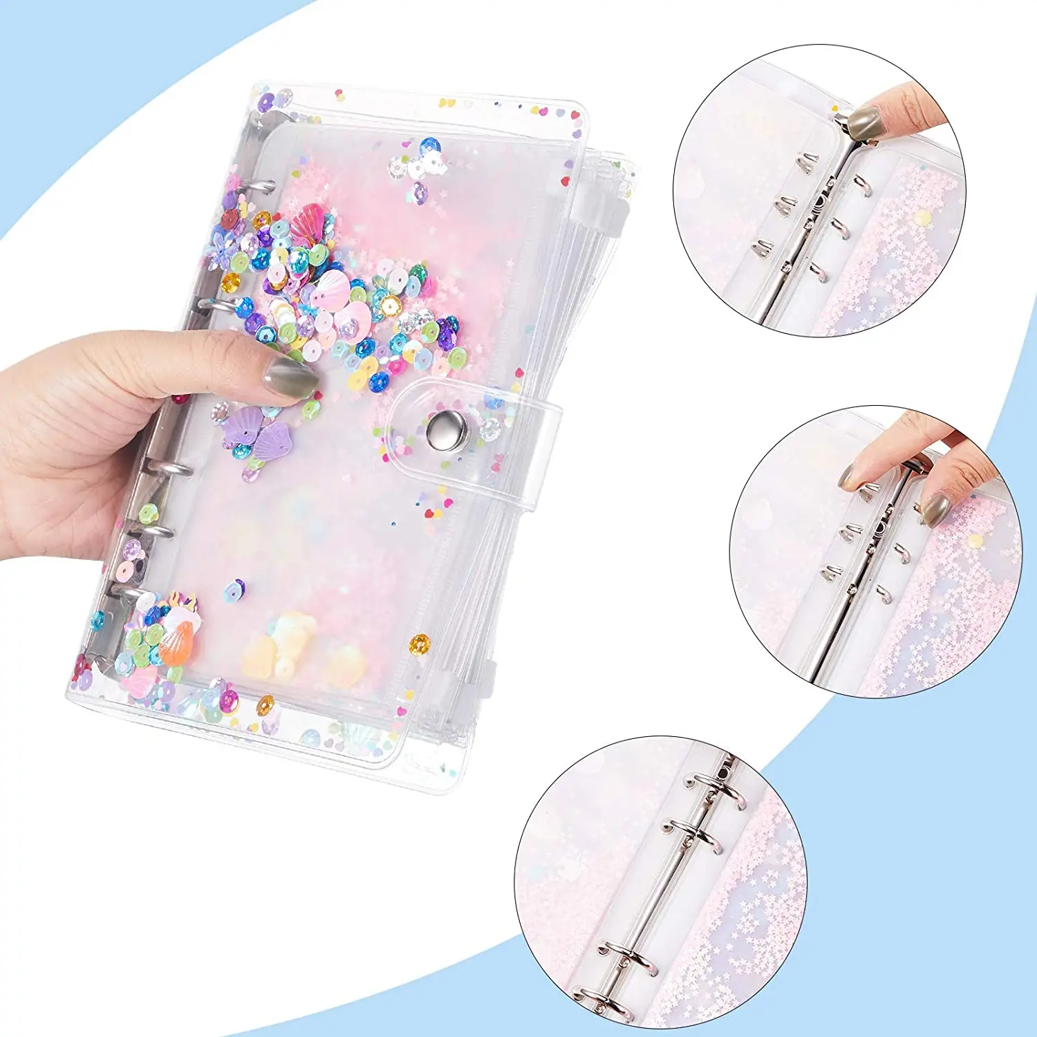 10 un a6 capa de pvc com glitter macia para planejador de sistema, inclui 9 peças de bolsos de zíper com folhas soltas e areia movediça