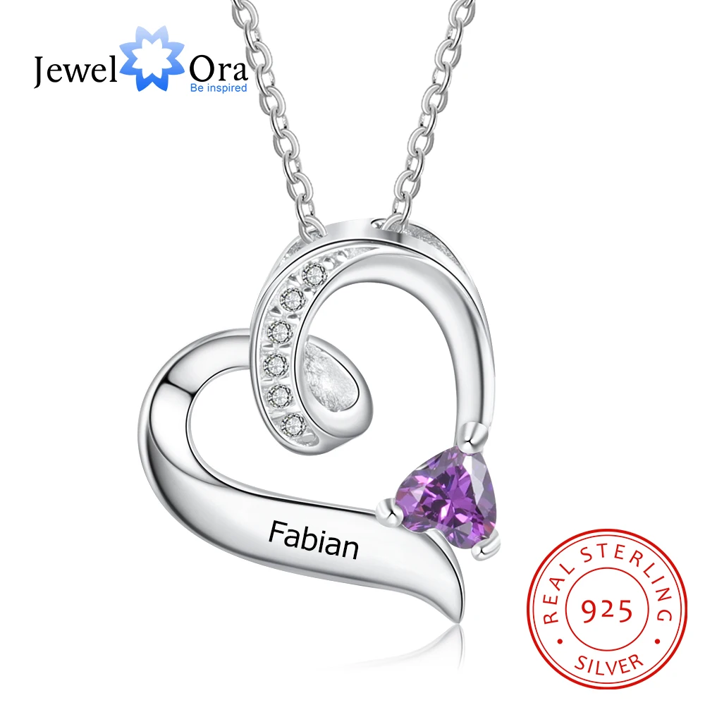 JewelOra 925 Sterling Silver Personalized Mother Necklace with Birthstone Custom Engrave Name Heart Pendants Mother's Day Gift