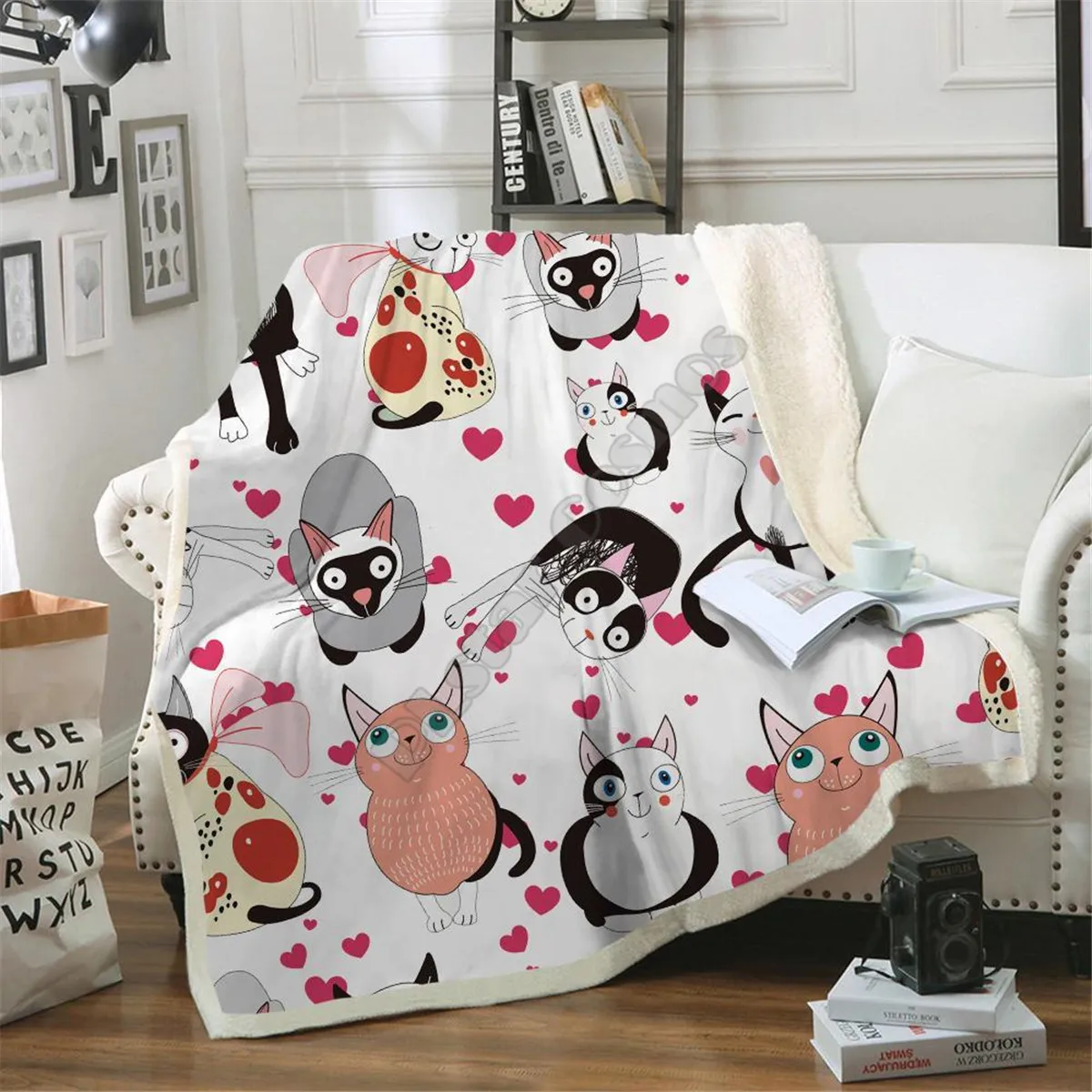 

Love Cute Cat Cozy Premium Fleece Blanket 3D printed Sherpa Blanket on Bed Home Textiles