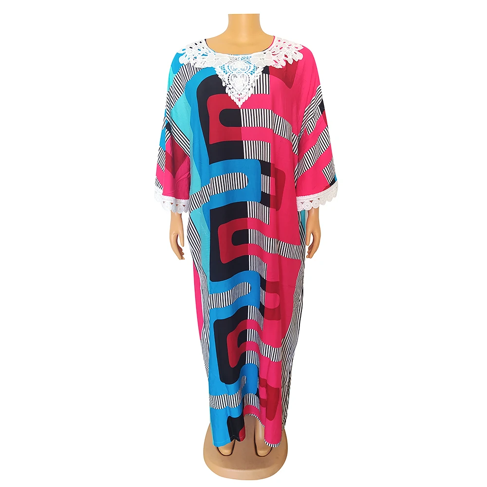 

Muslim Fashion Maxi Dresses For Women Color Matching Print O-neck Bat Sleeve Africaine Femme Clothes Applique Kaftan Scarf Robe