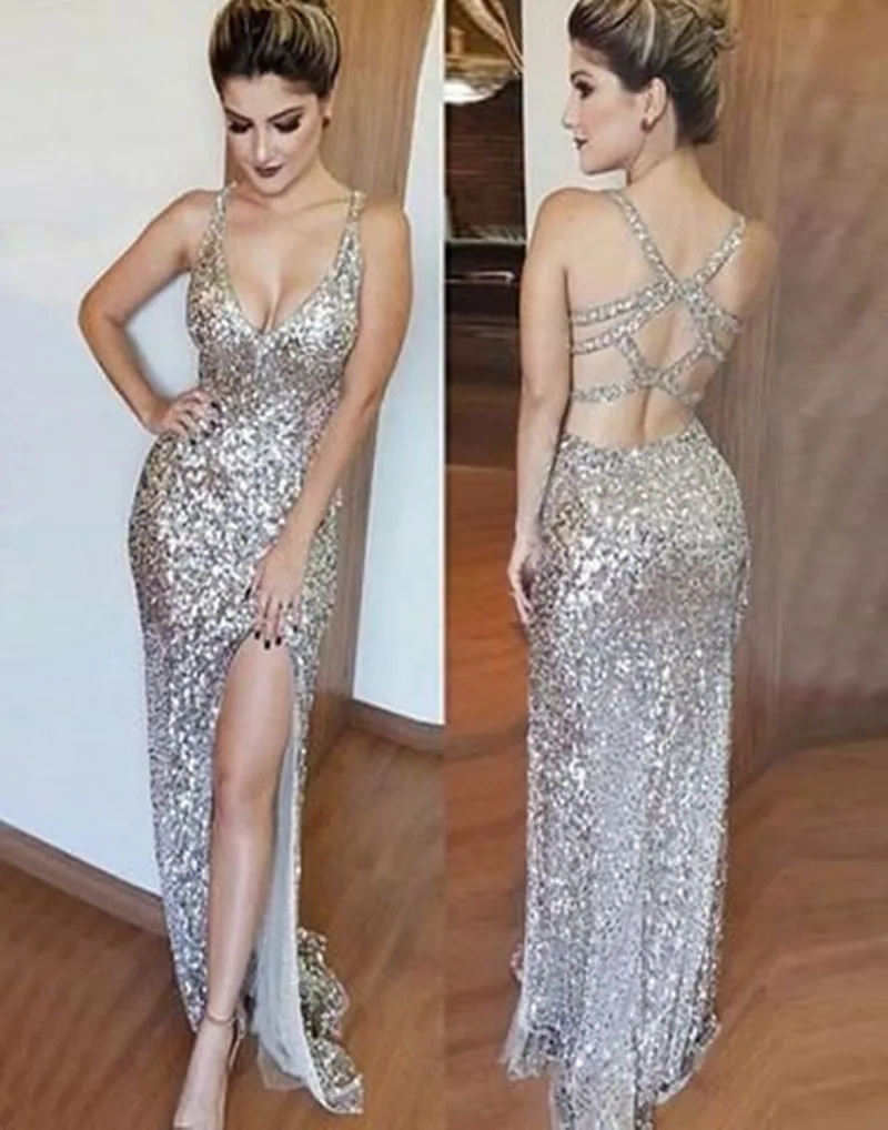 Sexy Lovertjes Mermaid Prom Dresses 2019 Gekruiste Terug Hoge Split Formele Jurk Prom Party Gown Robe De Soiree Vestidos De gala