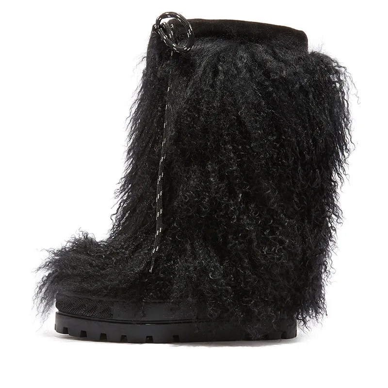 

High Quality Fur Wool Mid Calf Boots For Women Warm Genuine Leather Snow Boots 10CM High Height Increasing Platform Bottes Shoes