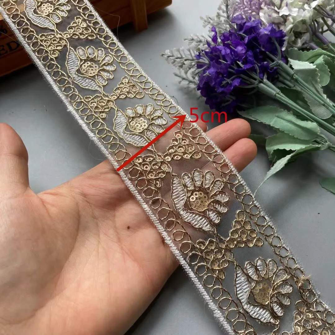 1 Yards Sequin Lace Trim Lace Ribbons Fabric DIY Embroidery for Garments Headdress Ethnic Wedding Decor Sewing Handmade Supplies