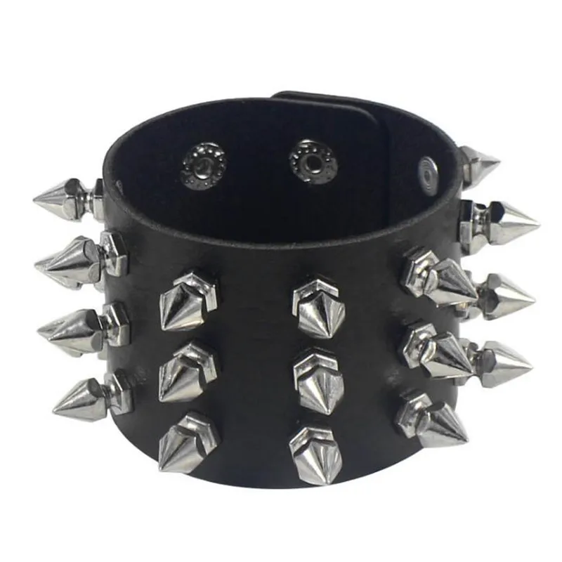 Punk Three Row Cuspidal Spikes Rivet Stud Wide Leather Cuff Bracelet Wristbands Rock Unisex Bangle Bracelets Gothic Men Jewelry