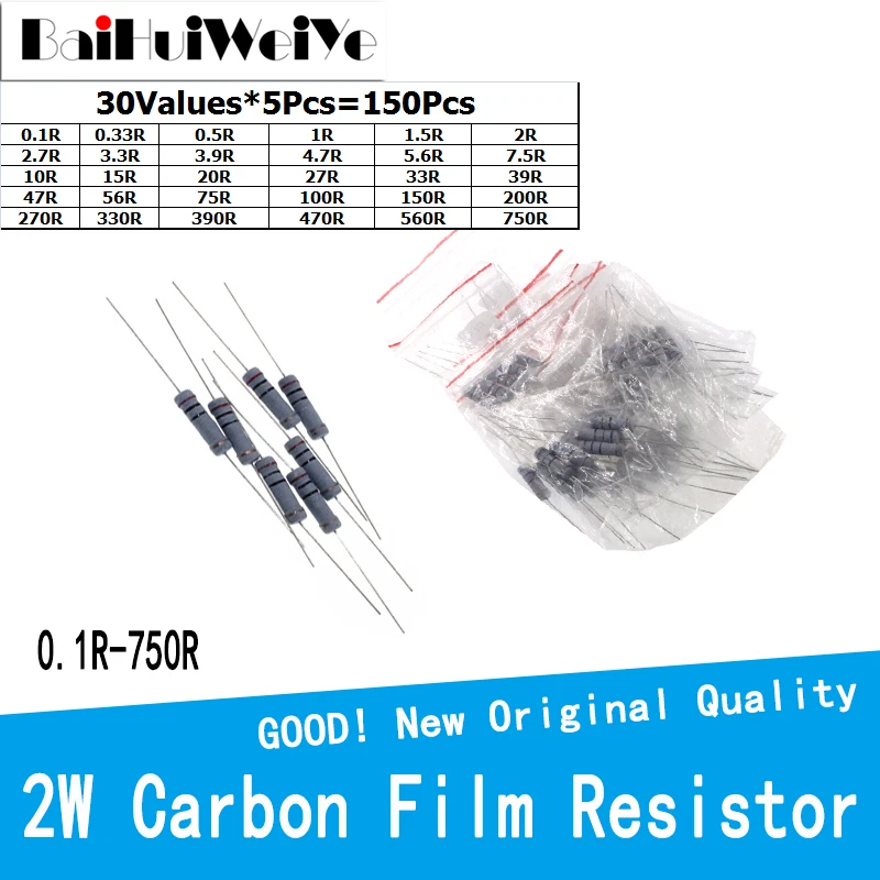 150 pz/lotto 2W 5% Kit resistente al Film di carbonio 30 valori * 5 pezzi da 0,1 r a 750r ohm Set resistente 0,3 r 0,5 r 1r 1,5 r 2r 2,7 r 3,3 r 3,9 r 5.6