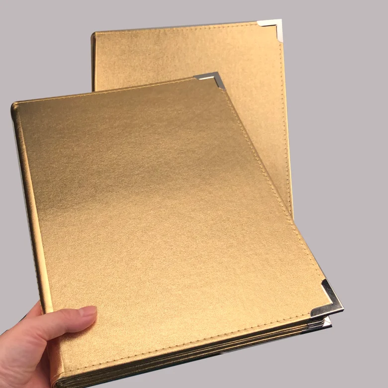 Hardcover A4 PU Leather Menu Cover Price List With PVC Clear Pocket Gold Brown Black Red White