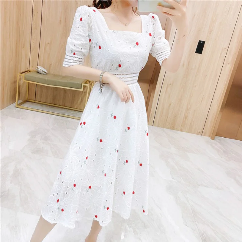 Sweet Floral Women Dresses 2021 Summer Waist Short Sleeve Female Dresses Slim Elegant Dress AD2008