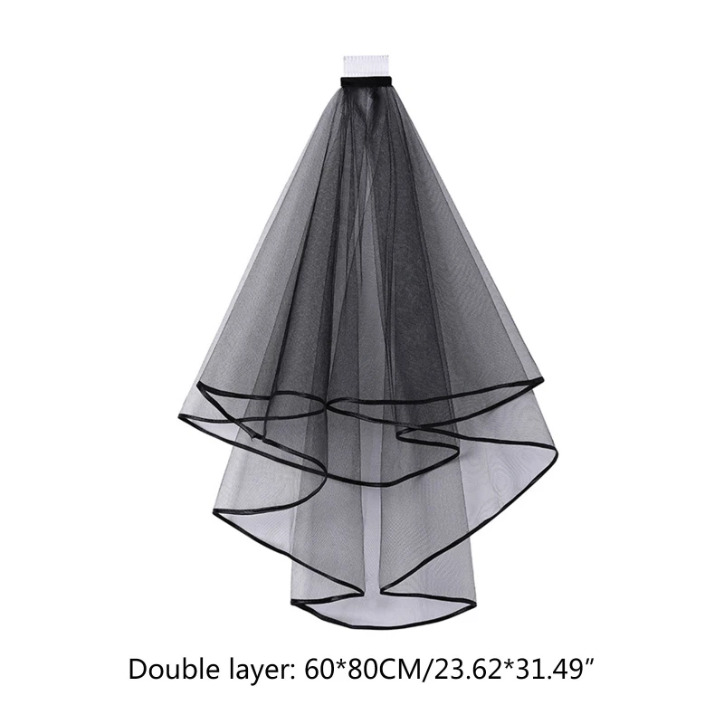 Double Layer Mesh Tulle Solid Color Women Short Wedding Veil with Comb Ribbon Edge Center Cascade Bride Party Headpiece image 6