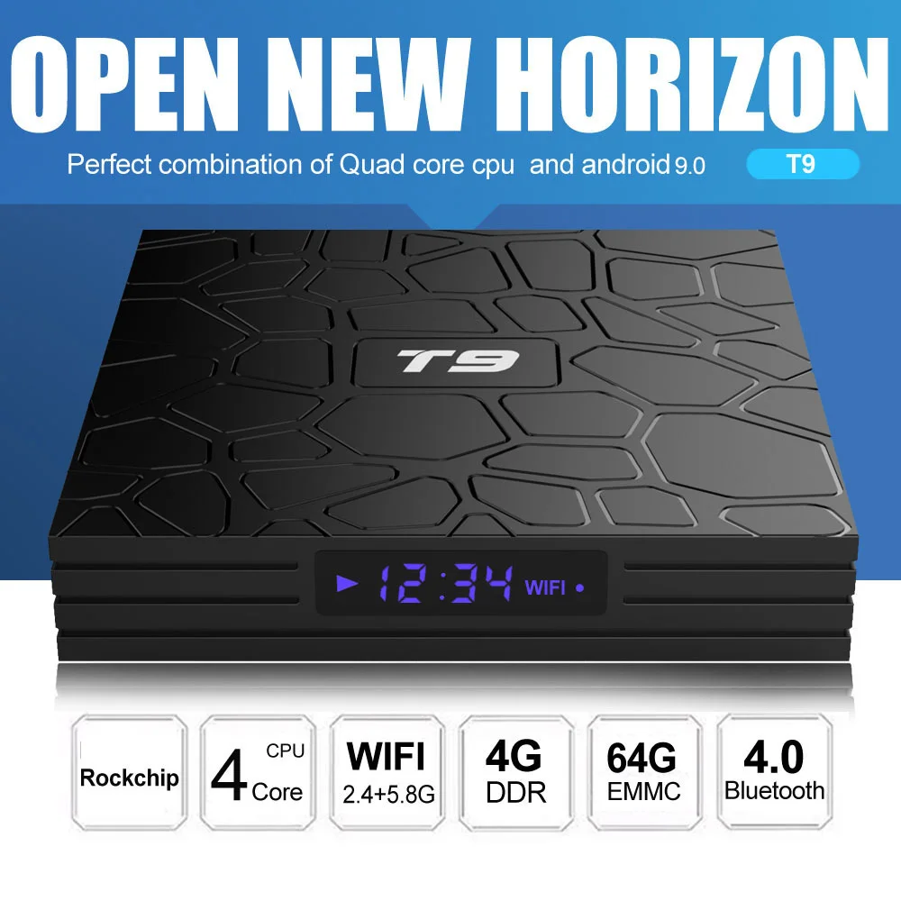 T9 TV Box Android 9.0 4GB RAM 64GB ROM 4K H.265 2.4G&5G Dual WiFi RK3318 Quad Core BT4.0 Smart Set Top Box