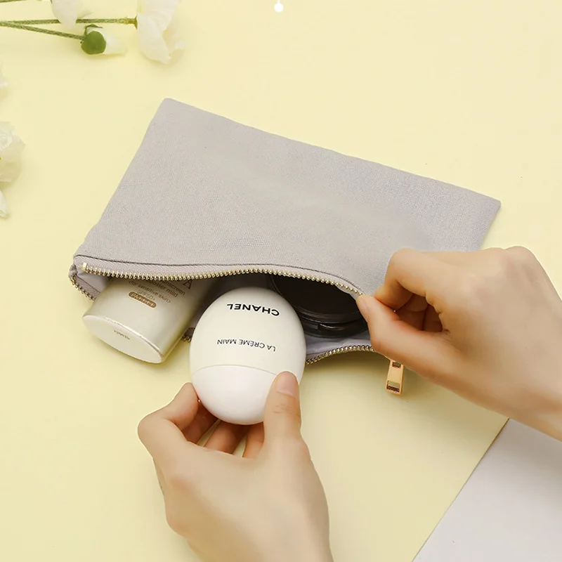 100Pcs/Lot 22x15cm Large Plain Nature Cotton Canvas Travel Toiletry Bags Cotton Makeup Pouch Cosmetic Bag With Gold Zipper