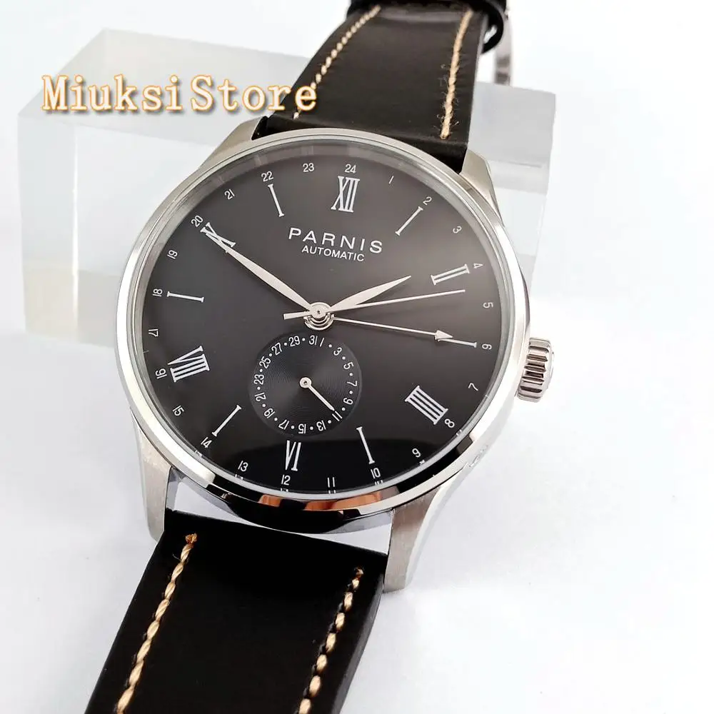 Men\'s luxury brand PARNIS 42mm GMT black dial stainless steel case leather Sea gull automatic mechanical sport watch