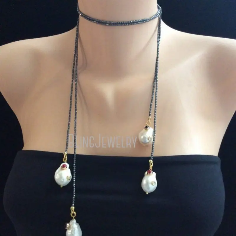 LN34626 Studded Baroque Pearl Open Lariat Necklace Hematite  Simple Boho Long Women  Dainty Minimalist Jewelry