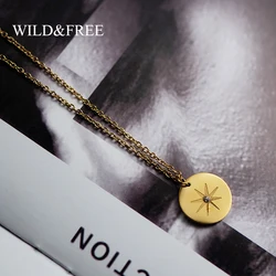 New Stainless Steel Gold Plated Pendant Necklace For Women Girls Vintage Round Disc Star Shape Simple Necklace Jewelry Gift