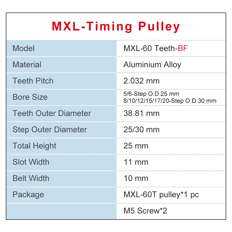 1 Piece MXL-60T Timing Pulley Bore 5/6/8/10/12/15/17/20 mm Pulley Wheel Slot Width 11 mm Match with Width 10 mm MXL-Timing belt