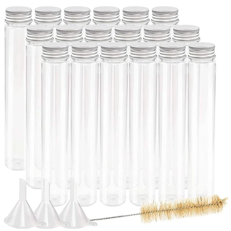 20pcs 115ml Clear Flat Plastic Test Tubes with Screw Caps, 30 x 180mm, with 3 Funnels, 1 Brush, Large Halloween Science Party,