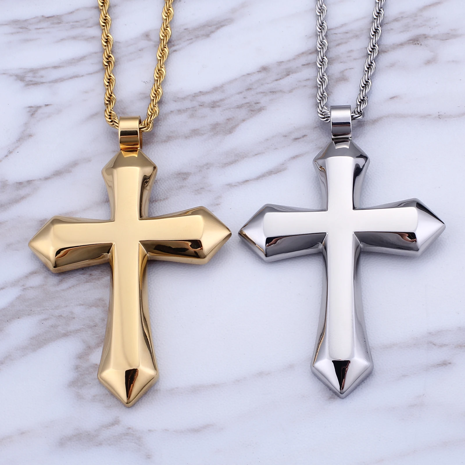 Kalen Heavy Big Shiny Golden Cross Pendant Men\'s Necklace Stainless Steel Punk Jewelry