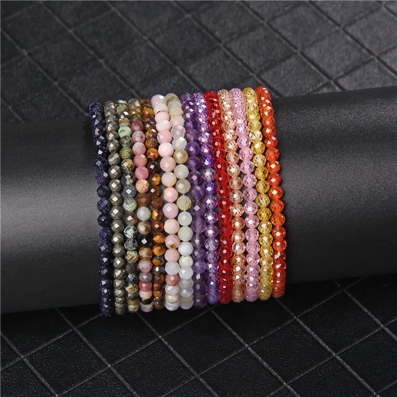 4mm Faceted Zircon Beaded Bracelets Stretch Small Natural Crystal Stone Bracelet For Women Men Shiny Jewelry Thin Bangles Gift