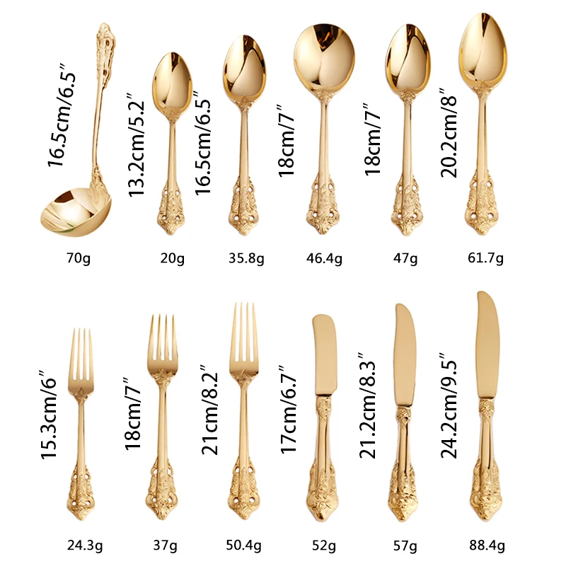 Golden Cutlery Wedding Tableware Gold Dinnerware Retro Vintage Stainless Steel Dinner Knife Coffee spoonDessert Fork Teaspoon