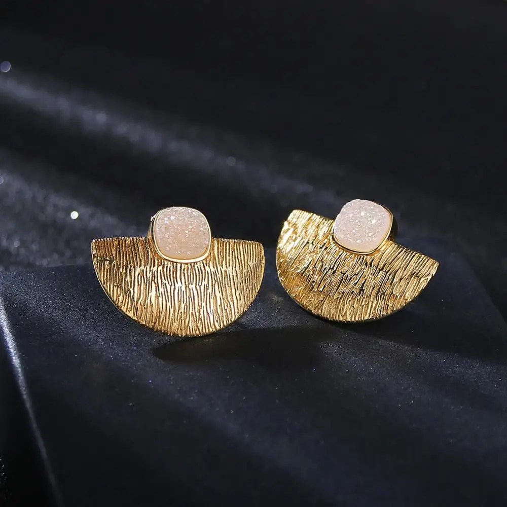 ShinyGem Natural Square Crystal Gold Earrings Luxury Semicircle Stud Sparkling For Women S925 Sterling Silver