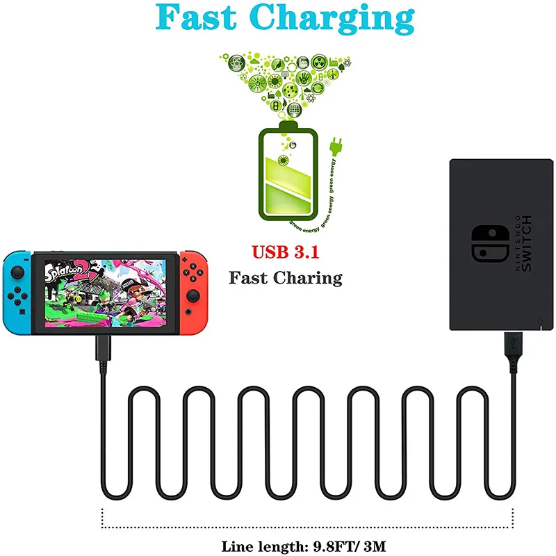 3 Meters Charging Cable for Nintendo Switch & Switch OLED Model and Switch Lite, Fast Charging Power Cord for PS5 & Xbox Series