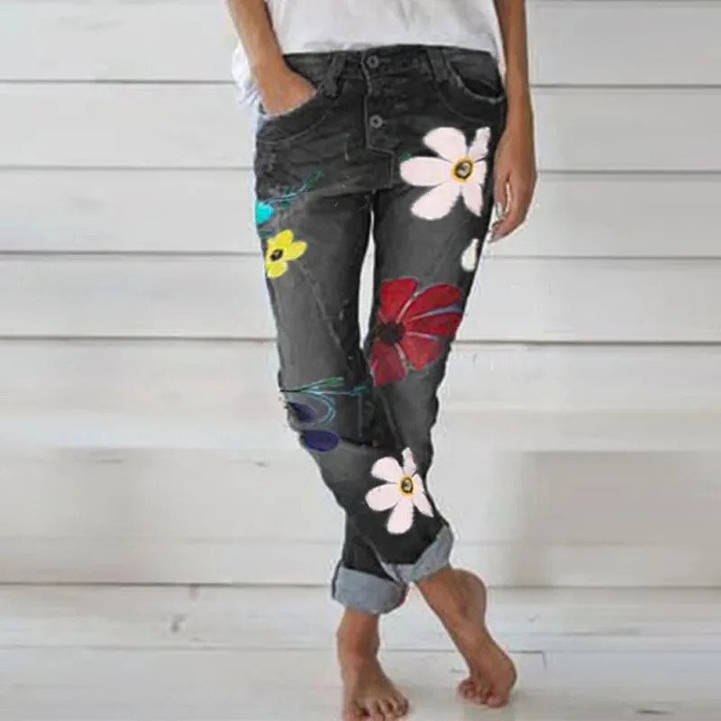 

Ladies Flower Print Jeans Woman 2021 Fashion Straight Casual Jeans Women High Waist Button Pants Jeans Denim Trousers