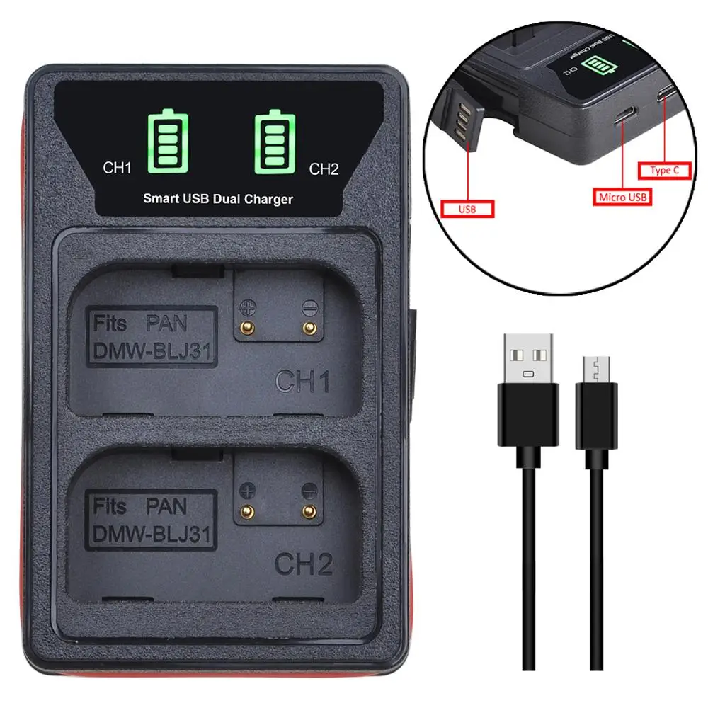 Pickle Power DMW-BLJ31 LED Dual Batetry Charger with Built-in USB Cable for Panasonic LUMIX S1, S1R ,S1H, LUMIX S Series Camera