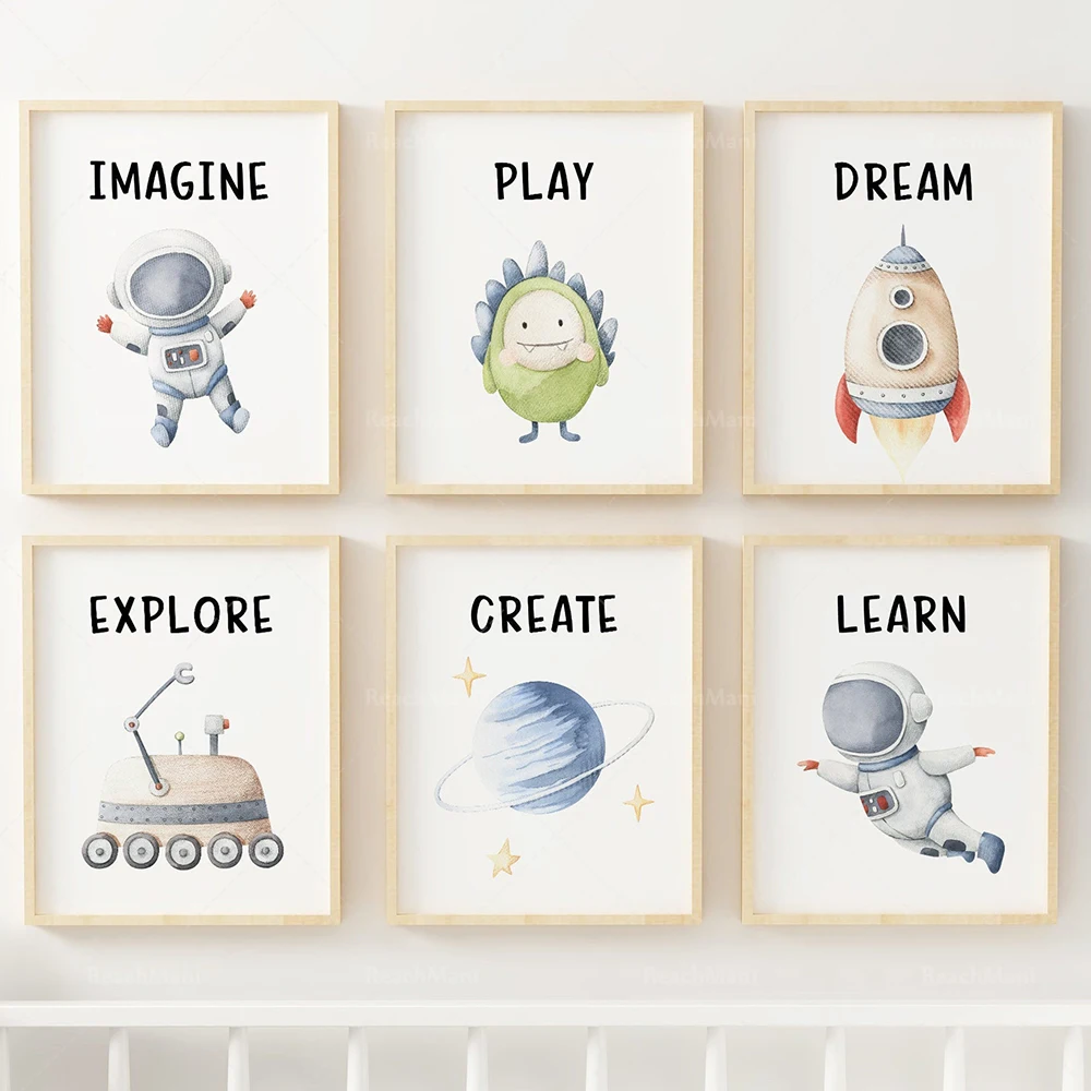 6 Play astronaut prints, play room wall decoration, kindergarten prints, play room posters, create learning games, imagine explo