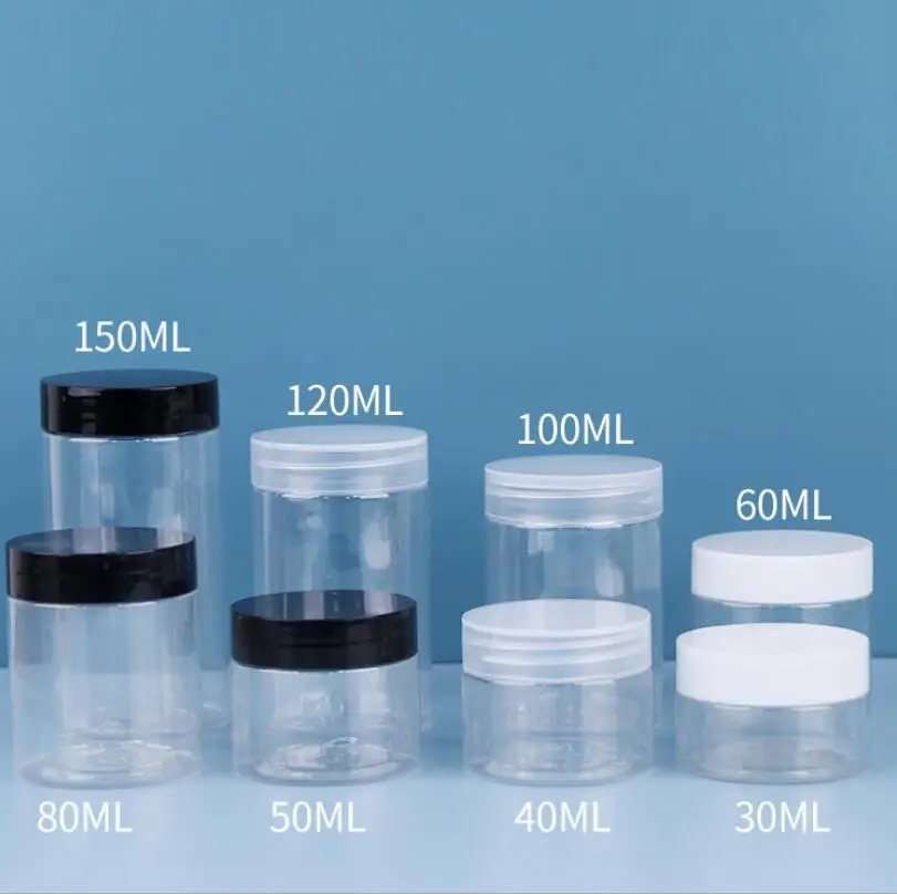 20pc/lot 150ml 200ml 250ml Plastic Jar Empty Cosmetic Containers Clear Pots with White/Black Lids Cream Box Container 50ml 100ml