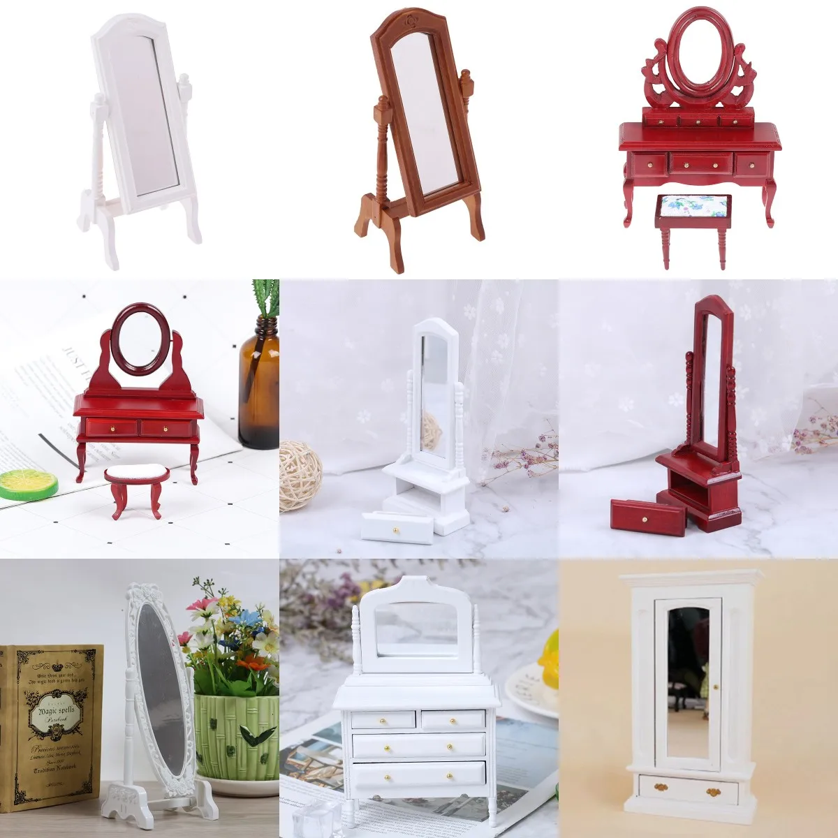 Mini Doll Furniture Miniature Dollhouse Bedroom Dresser Desk Mirror Play Model Accessories Toys for Children Christmas