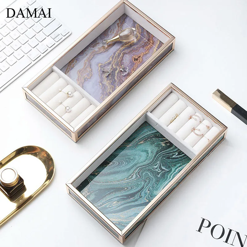 Nordic Marble Texture Trays Golden Stroke Agate Jewelry Display Storage Tray Cosmetic Organizer Dressing Table Decoration