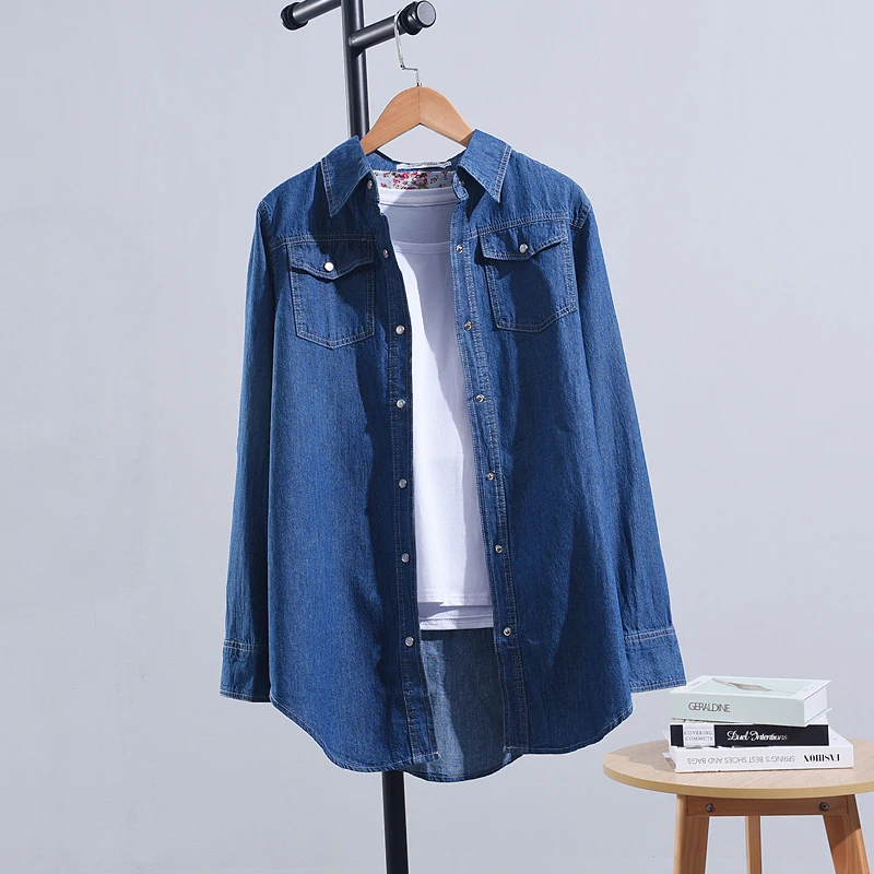 Women Shirt Denim Cotton Tops 2020 Autumn Casual Thick Pockets Single Breasted Button Up Lapel Long Sleeve Large Size Blue Shirt