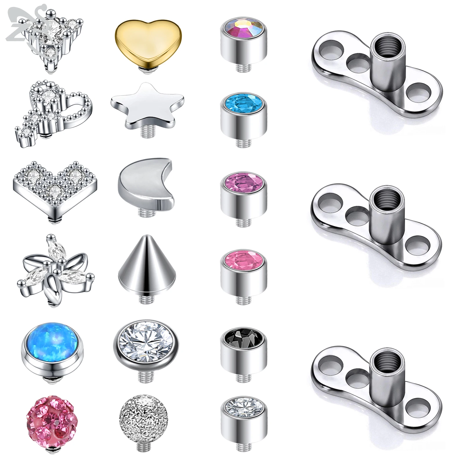 

ZS Heart Stainless Steel Micro Dermal Piercing for Women Crystal Dermal Anchor Surface Piercings Skin Diver Body Piercing 16G