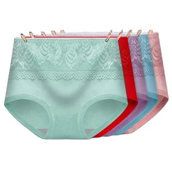 Calcinha de algodão de cintura alta para mulheres, shaper do corpo, roupa interior respirável, cuecas fofas, renda sexy, conforto, tamanho grande, lingerie feminina, 5 peças