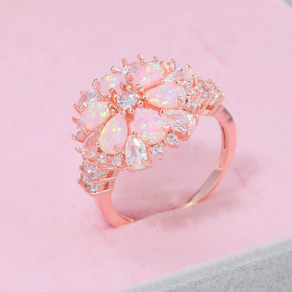 CiNily Lavish Large Pink Fire Opal Rings With Stone Rose Gold Color Clear Crystal Flower Flora Cherry Blossom Jewelry Woman Girl