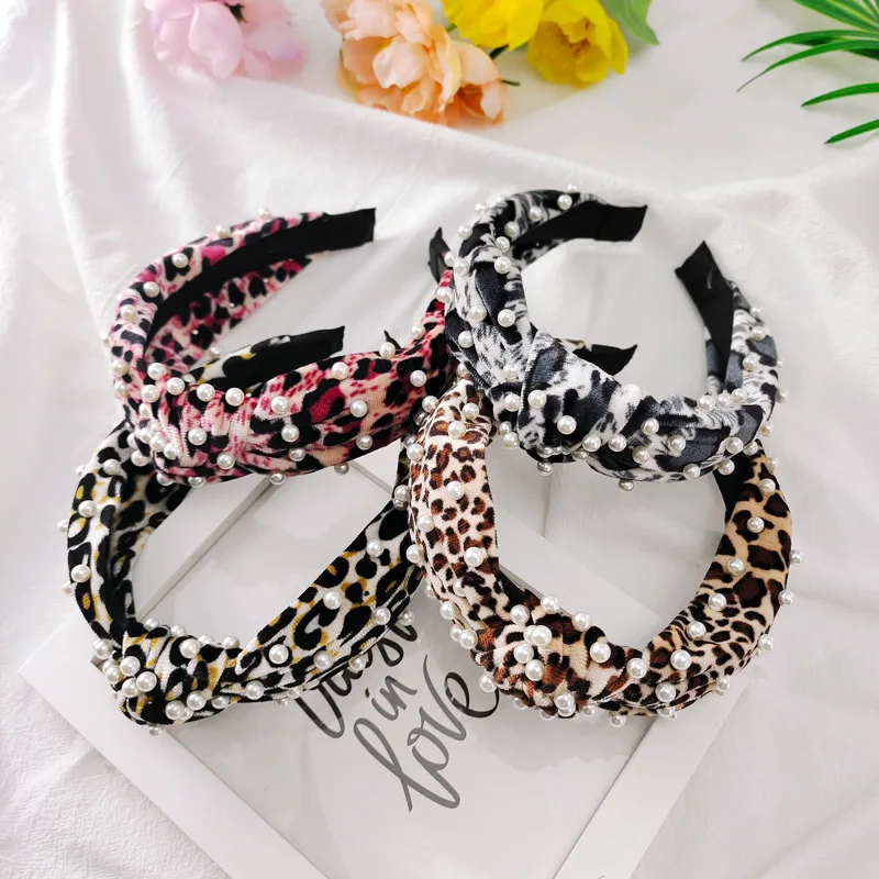 2021New fashion products Leopard flannel pearl knotted headband for Women Elastic Girl Hair Accessories Headwear