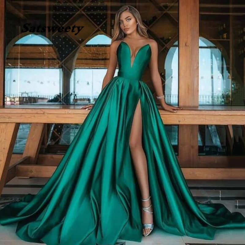 Sexy Green Evening Dress High Side Split Longo Prom Party Gowns Strapless Celebrity Dresses Custom Made