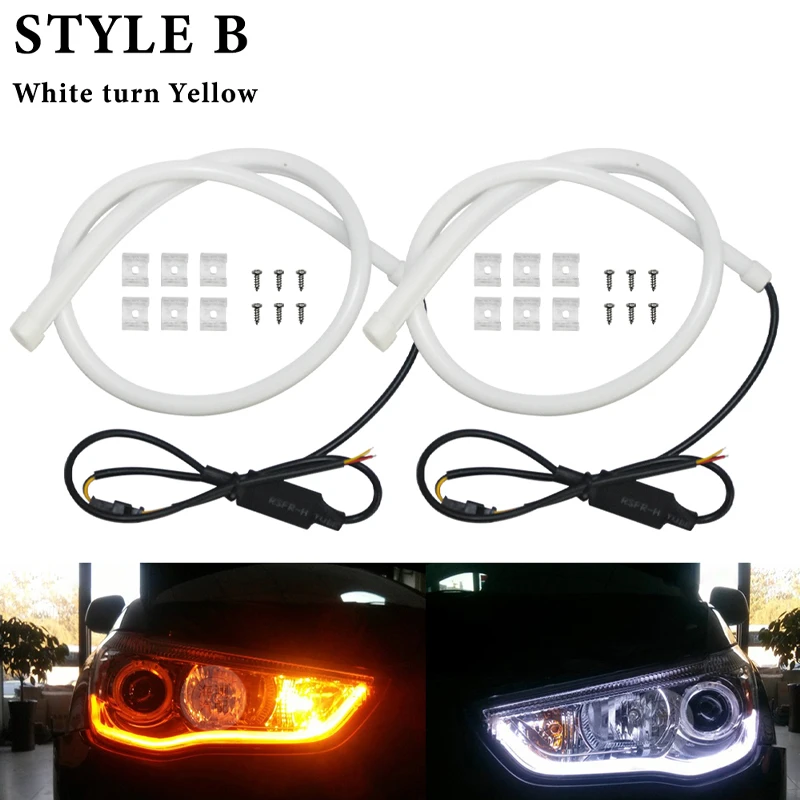 2pc DRL White turn Yellow 30/45/60cm Flexible strips Turn Signal Brake Daytime Running Light LED Tube Style AUTO Waterprrof 12V
