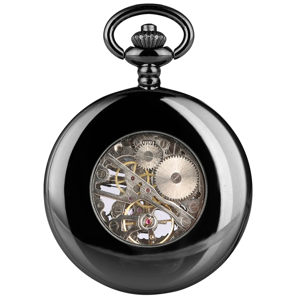 Black Hollow-out Pocket Watch Smooth Case With Blue Dial Mechanical Pendant Necklace With Chain Clock reloj de bolsillo